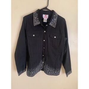 Quaker Factory‎ Women's Black Rhinestone Embellished Denim Jacket Medium